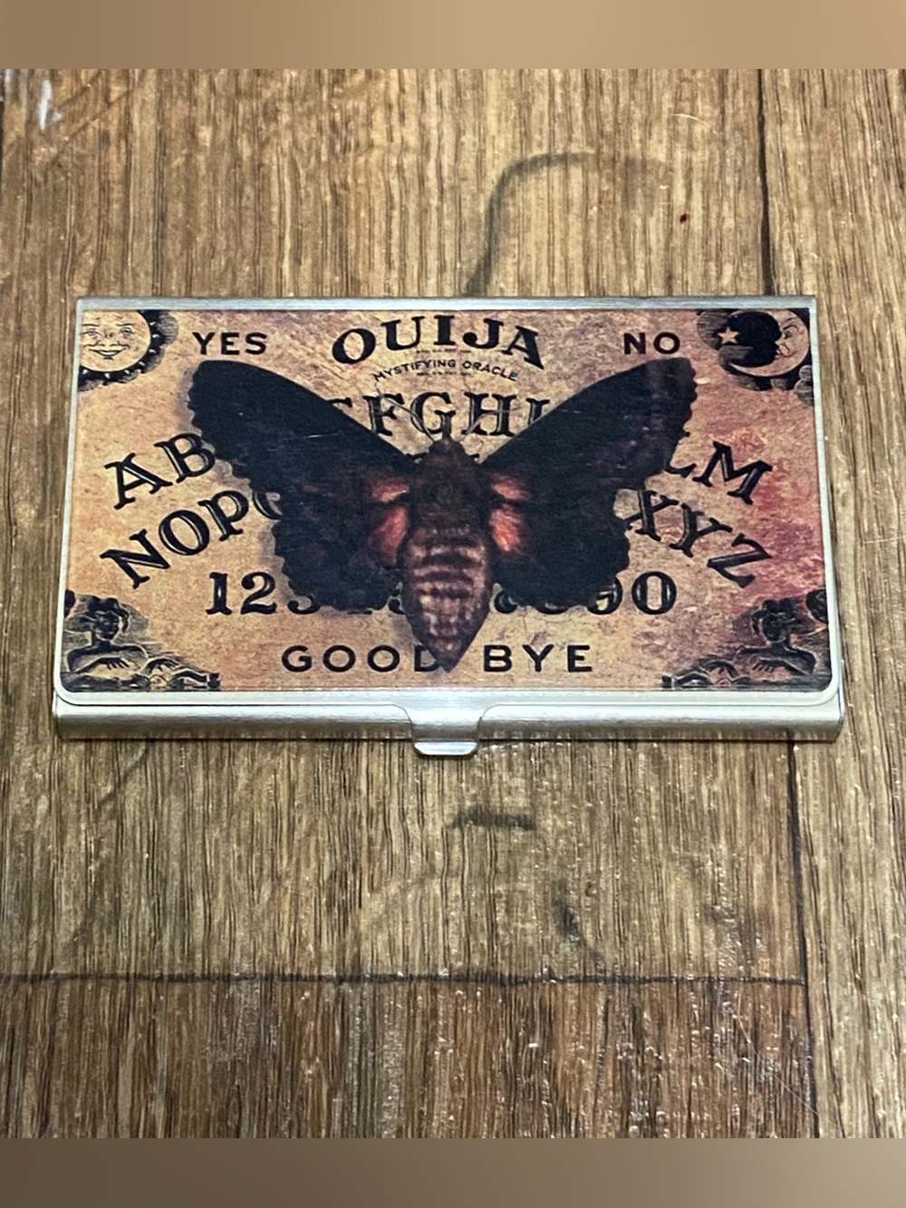 Classic Hardware Metal Business Card Holder Moth On Ouija Board Goth Mystic